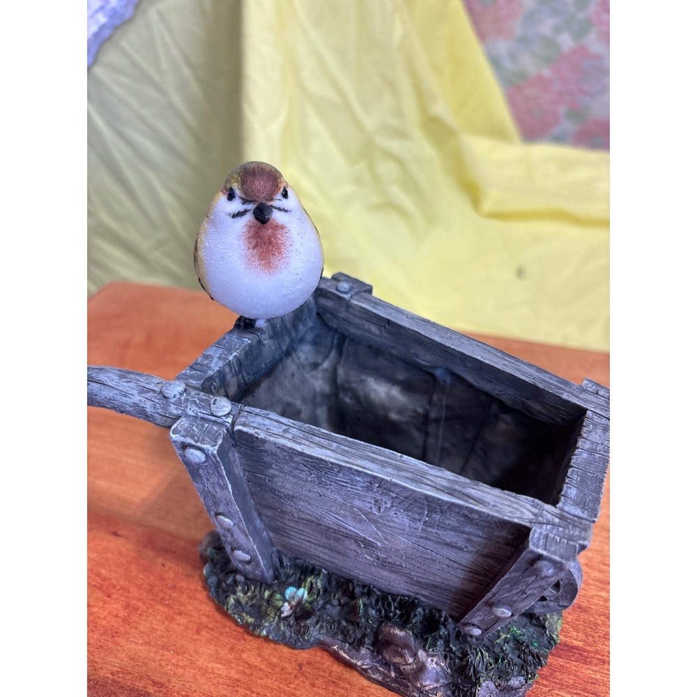 Rustic Bird on Wheelbarrow Planter Figurine Grey Resin Farmhouse Decor 5 Inch